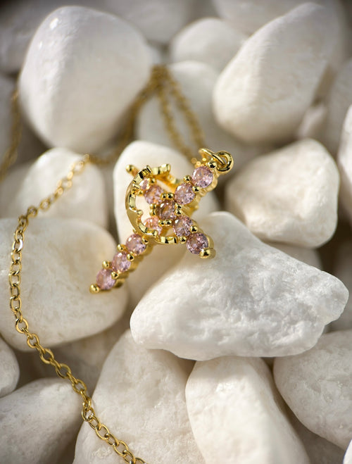 Crowned cross necklace pink